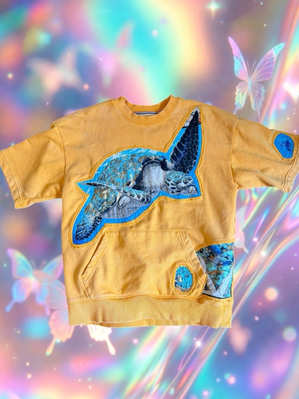 Yellow Sea Turtle Appliqué Patchwork Short Sleeve Sweatshirt